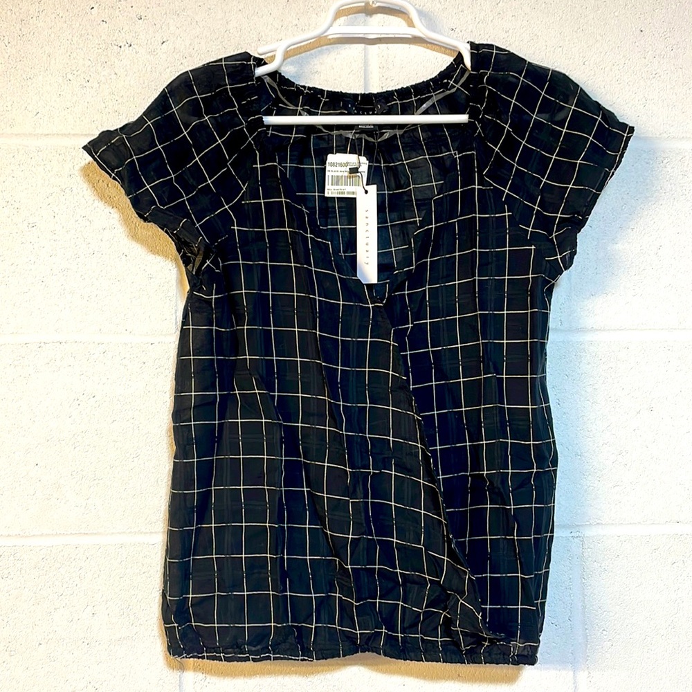NWT black white check 100% cotton light loose fit cap short sleeve top S XS
